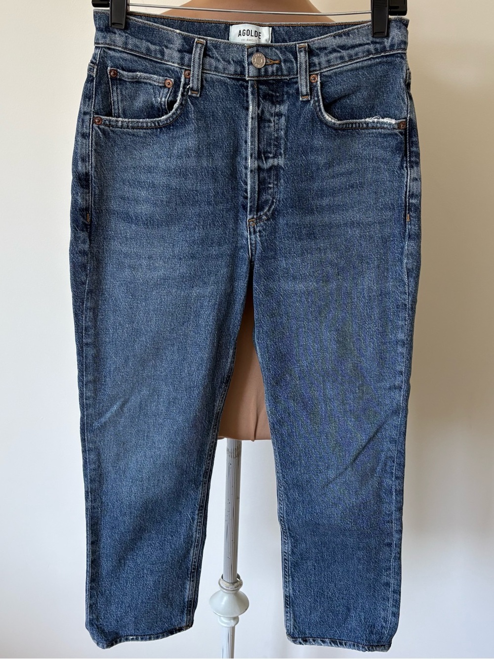 AGOLDE Riley High Rise Button Fly Blue Straight Leg Cropped Jeans EUC Size 26